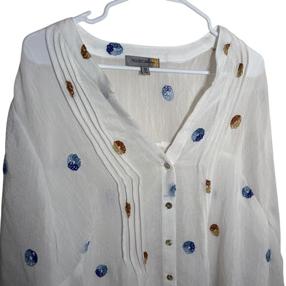 Figueroa & Flower Blouse Women's 1X V-Neck Textured 3/4 Sleeve Sheer Button Top - Picture 2 of 9